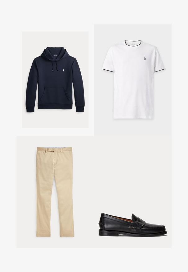 Sweat à capuche bleu marine foncé avec poche kangourou à l'avant, capuche à cordon, manches longues et petit logo blanc Polo Ralph Lauren sur la poitrine.; T-shirt blanc à manches courtes avec bordure noire sur le col et les manches, avec un petit logo noir Polo Ralph Lauren sur la poitrine gauche.; Pantalon beige à jambes droites avec passants de ceinture et braguette zippée à l'avant, posé à plat sur un fond blanc.; Mocassin en cuir noir avec un petit talon et une bride penny, vu de côté sur un fond gris clair.