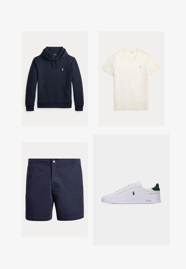 Mørk navyblå hættetrøje med front kangurulomme, snøre i hætten, lange ærmer og lille hvid Polo Ralph Lauren-logo på brystet.; Hvid bomulds-T-shirt med rund hals og korte ærmer, med en lille blå broderet logo på venstre bryst. Glat tekstur, regular fit.; Marineblå shorts lavet af letvægtsstof, med knaplukning, elastisk linning og et enkelt, strømlinet design.; Hvid lavtopsneaker med grøn hælkappe, broderet Polo hestelogo på siden, "Polo" tekst på sålen og guld "Ralph Lauren" signatur på overdelen.