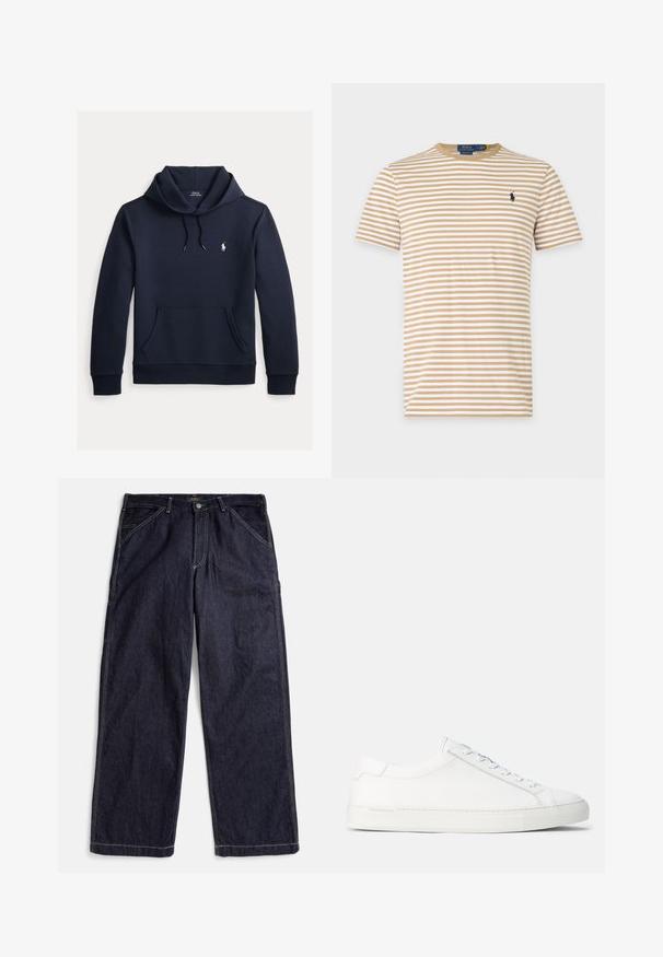 Mørk navyblå hættetrøje med front kangurulomme, snøre i hætten, lange ærmer og lille hvid Polo Ralph Lauren-logo på brystet.; Beige og hvide stribet T-shirt med korte ærmer og rund halsudskæring med lille mørkt broderet logo på venstre bryst.; Mørkeblå denimjeans med lige ben, kontrastsyninger, bæltestropper og forlommer, lagt fladt på en hvid baggrund.; Hvide lædersneakers med en glat overflade, rund form, flad gummisål og hvide snørebånd. Har et minimalistisk design og diskret branding.