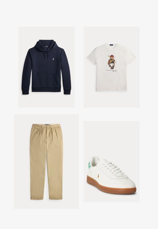 Sweat à capuche bleu marine foncé avec poche kangourou à l'avant, capuche à cordon, manches longues et petit logo blanc Polo Ralph Lauren sur la poitrine.; T-shirt en coton blanc présentant un motif d'ours vêtu d'une veste marron à carreaux, d'un pantalon bleu et d'un casque rouge, tenant un outil.; Pantalon beige plissé avec poches latérales, petite poche à bouton pour la monnaie sur la droite, passants pour ceinture et fermeture à bouton et zip à l'avant.; Baskets blanches à lacets avec semelle en caoutchouc marron, languette de talon verte et petit logo doré de joueur de polo sur le côté extérieur.