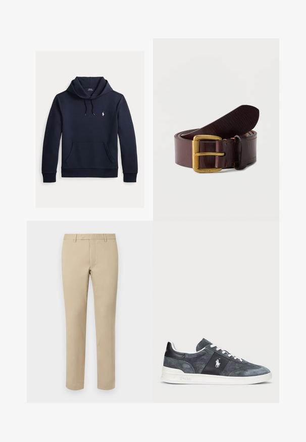 Tummansininen huppari, jossa on edessä kengurutasku, kiristysnauha hupussa, pitkät hihat ja pieni valkoinen Polo Ralph Lauren -logo rinnassa.; Beige puuvillahousut suoraan leikkauksella, joissa on vyölenkit, tasainen etuosa ja räätälöidyt helmat. Silkka tekstuuria ja minimaalista yksityiskohtaa.; Harmaa mokkanahkalenkkari, jossa on valkoiset nauhat, tumma paneeli logolla ja valkoinen kumipohja. Pyöreä kärki ja ommeltu detaljointi.; Tummanruskea nahkavyö, rullattuna, messinkisellä soljella, johon on kaiverrettu sana Polo, yksinkertaisella valkoisella taustalla.