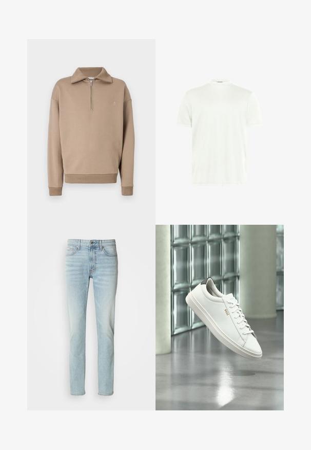 Sweatshirt beige avec un col montant et une demi-fermeture éclair. Fabriqué en tissu doux avec des poignets et un ourlet côtelés, arborant un petit logo sur la poitrine.; T-shirt blanc à col rond en tissu doux. Manches courtes, sans motifs. Design simple avec un ourlet droit et des détails minimalistes.; Jeans en denim bleu clair, avec une coupe droite, taille mi-haute et un léger délavage. Comprend cinq poches et un bouton en métal.; Baskets basses en cuir blanc avec lacets, languette de talon noire et logo « BOSS », flottant à l'intérieur près d'un mur en blocs de verre et d'un sol poli.