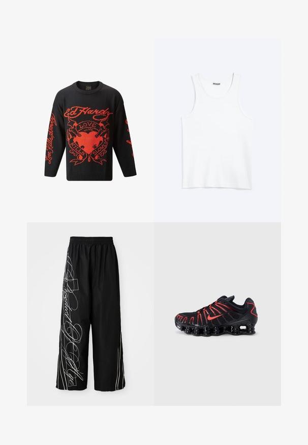 Suéter negro de punto con atrevidos diseños gráficos en rojo, que incluyen las palabras "Love Kills Slowly" y un motivo de corazón. Cuello redondo y manga larga.; Camiseta sin mangas blanca con cuello redondo y etiqueta de la marca Weekday en el interior del cuello trasero, mostrada plana sobre un fondo claro.; Pantalones negros, de pierna ancha y cortos, hechos de un tejido ligero. Presentan diseños y acentos bordados en blanco que fluyen por los lados. Cintura elástica.; Zapatos deportivos negros con detalles en rojo, que cuentan con una parte superior de malla texturizada, un diseño ondulado único y una suela moldeada y acolchada.