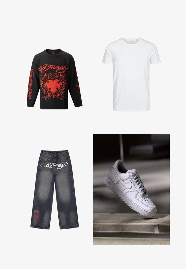 Suéter negro de punto con atrevidos diseños gráficos en rojo, que incluyen las palabras "Love Kills Slowly" y un motivo de corazón. Cuello redondo y manga larga.; Camiseta de manga corta y cuello redondo en blanco sólido, fabricada en algodón suave, presenta un diseño simple sin patrones ni acentos visibles.; Vaqueros de denim lavado oscuro de pierna ancha con la palabra "Ed Hardy" en blanco en la parte frontal y caracteres asiáticos rojos cerca del dobladillo izquierdo.; Zapatilla Nike Air Force 1 de cuero blanco que presenta una puntera perforada, cordones planos y una suela de goma texturizada con la marca "AIR" en el lateral.