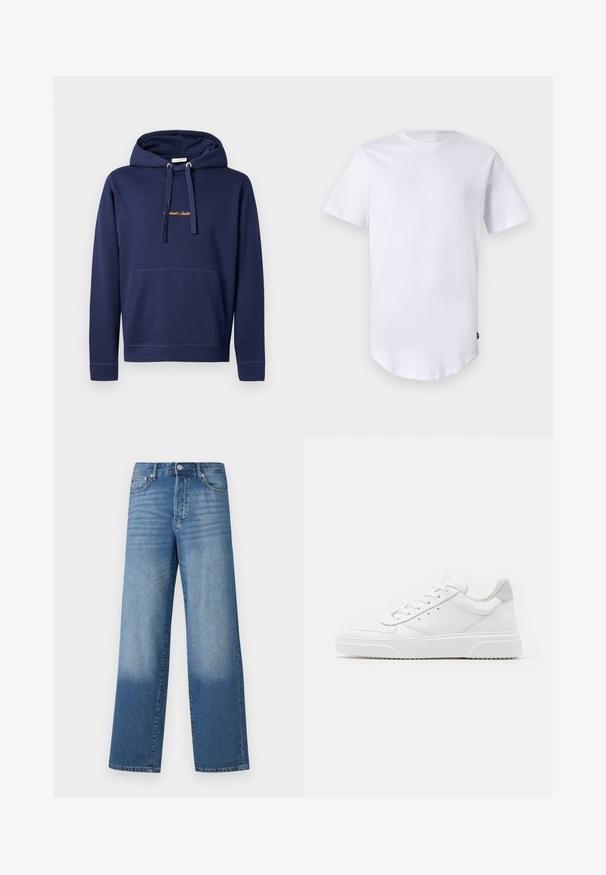 Haut à capuche bleu marine en coton avec poche kangourou, capuche avec cordon de serrage et texte brodé sur la poitrine. Design simple avec des poignets côtelés.; T-shirt blanc à manches courtes en coton. Design à col rond avec un ourlet arrondi. Étiquette visible sur le côté inférieur gauche. Texture lisse.; Jean droit taille haute bleu avec des dégradés au niveau des cuisses et une teinte plus foncée près des ourlets, avec un bouton avant et des poches visibles.; Des baskets en cuir blanc avec une finition lisse, un bout rond, des lacets plats et une semelle texturée. Accents en daim gris au niveau du talon.