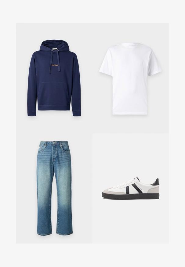 Haut à capuche bleu marine en coton avec poche kangourou, capuche avec cordon de serrage et texte brodé sur la poitrine. Design simple avec des poignets côtelés.; T-shirt blanc à manches courtes en coton avec un col rond, présentant une texture lisse et un design simple, sans motifs ni accents.; Jean en denim bleu clair avec une jambe droite, cinq poches, fermeture à bouton à l'avant et décoloration subtile sur tout le tissu.; Baskets blanches avec des accents noirs et gris, présentant un embout texturé gris, une semelle en caoutchouc noir et des lacets plats blancs. Design épuré, style minimaliste.