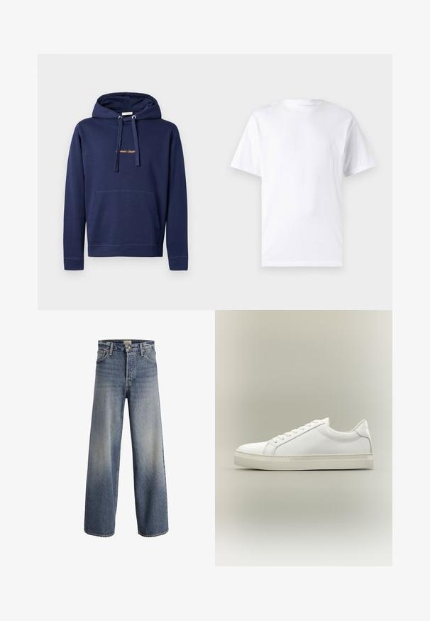 Ναυτικό μπλε hoodie από βαμβάκι με καγκουρό τσέπη, κουκούλα με κορδόνι και κεντημένο κείμενο στο στήθος. Απλός σχεδιασμός με ριμπ μανσέτες.; Λευκό κοντομάνικο μπλουζάκι από βαμβάκι με στρογγυλή λαιμόκοψη, διαθέτοντας λεία υφή και απλό σχέδιο χωρίς μοτίβα ή διακοσμήσεις.; Ανοιχτό μπλε τζιν παντελόνι με φαρδιά γραμμή, κατασκευασμένο από τζιν ύφασμα. Διαθέτει ψηλή μέση, κλείσιμο με κουμπί και διακριτική φθορά με λεία υφή και ραμμένες ραφές.; Λευκό sneaker χαμηλού τύπου με κορδόνια μπροστά και χοντρή σόλα, εμφανίζεται από το πλάι σε ουδέτερο φόντο.