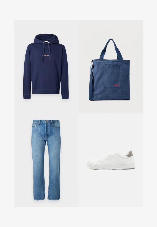Marineblauwe hoodie van katoen met een kangoeroezak, capuchon met trekkoord en geborduurde tekst op de borst. Eenvoudig ontwerp met geribbelde manchetten.; Lichtblauwe denimjeans met een recht model, voorzien van een klassieke vijf-pocketontwerp, een knoopsluiting en contrasterende stiksels.; Witte sneaker van glad leer met een ronde neus, minimalistisch ontwerp, grijze hielaccent en een geplaatste rubberen zool.; Blauwe canvas tas met voorvak en rode "O.N.S" borduring, voorzien van dubbele handvatten en een verstelbare schouderriem.
