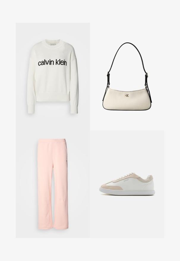 Pull en tricot blanc avec un col rond et des manches longues, présentant un logo "calvin klein" noir sur la poitrine. Texture douce, coupe courte.; Pantalon de jogging en coton rose avec une coupe large, taille élastique et détails de couture minimaux. Comprend une petite étiquette logo sur le côté.; Baskets en cuir blanc avec des accents en suède beige et des lacets blancs. Elles présentent un bout arrondi et une semelle rembourrée pour plus de confort.; Petit sac à bandoulière crème avec bordure noire, sangle noire réglable et logo "cK" argenté au centre devant.
