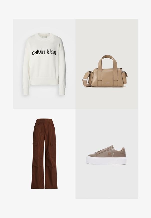 Pull en tricot blanc avec un col rond et des manches longues, présentant un logo "calvin klein" noir sur la poitrine. Texture douce, coupe courte.; Pantalons cargo bruns avec jambes larges, plusieurs poches latérales, taille haute et en coton robuste avec une texture lisse.; Baskets en cuir beige avec un bout rond, semelle plateforme blanche et lacets marron. Présente un petit logo sur le côté. Design minimaliste.; Sac à main en cuir beige avec double poignée supérieure et bandoulière réglable. Présente un imprimé logo argenté et une texture lisse et élégante.