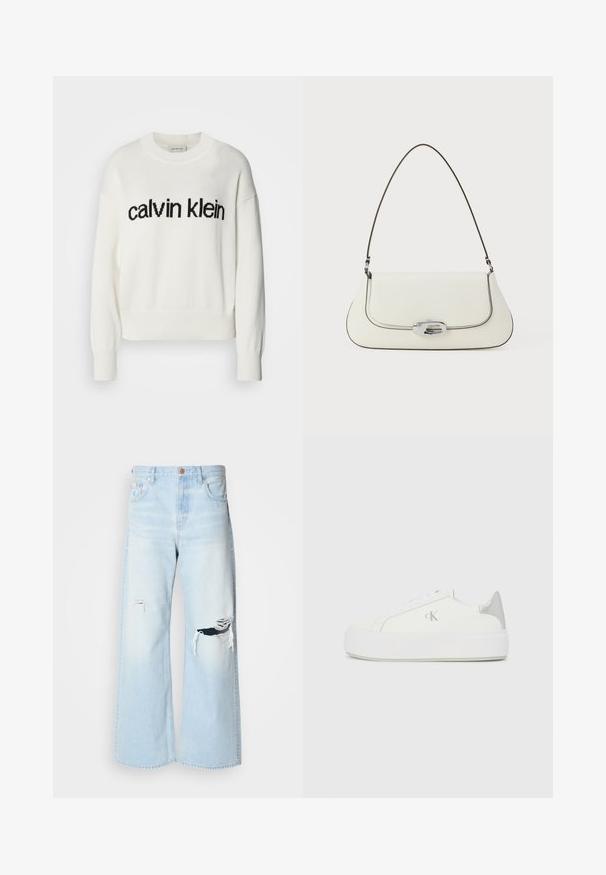 Hvid strikket sweater med rund halsudskæring og lange ærmer, med et sort "calvin klein" logo over brystet. Blød tekstur, cropped snit.; Lyseblå brede jeans lavet af denim, med høj talje, store revner ved knæene og et klassisk fem-lomme design med kobberhardware.; Hvide lærredssneakers med en tyk hvid sål, prydet med en metallic sølvaccent på hælen og en diskret logo-detalje på siden.; Hvid lædertaske med et buet design, kontrasterende sort syning og en sølvfarvet beslaglås med Calvin Klein-logoet.