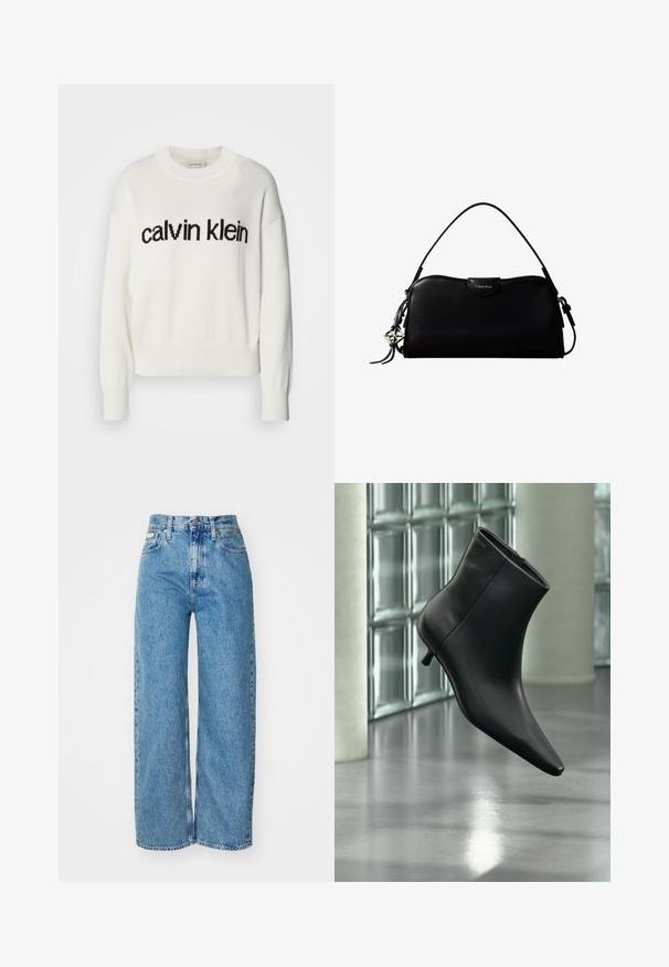 Pull en tricot blanc avec un col rond et des manches longues, présentant un logo "calvin klein" noir sur la poitrine. Texture douce, coupe courte.; Jean large en denim bleu clair avec taille haute, ourlet effiloché et design à cinq poches. La texture usée ajoute de la profondeur au tissu.; Bottine en cuir noir à bout pointu et petit talon kitten, présentée en angle devant un sol poli et un mur en blocs de verre.; Sac à main rectangulaire noir Calvin Klein avec une seule sangle supérieure, un charm logo argenté et une petite fermeture à rabat sur le devant.