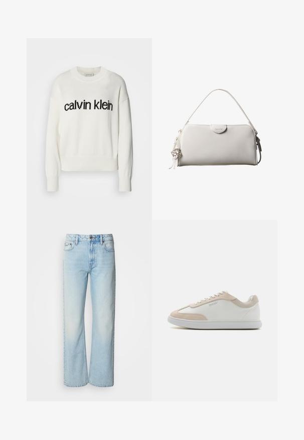 Hvid strikket sweater med rund halsudskæring og lange ærmer, med et sort "calvin klein" logo over brystet. Blød tekstur, cropped snit.; Lyseblå brede jeans lavet af denim med et klassisk fem-lomme design og en subtil falmet tekstur. Denim-syninger er synlige.; Hvide lædersneakers med beige ruskindsdetaljer og hvide snøringer. Har en rund tå og en polstret sål for komfort.; Hvid rektangulær Calvin Klein håndtaske med enkelt håndtag, minimalistisk design og dekorative kvaster med geometrisk metalvedhæng på siden.