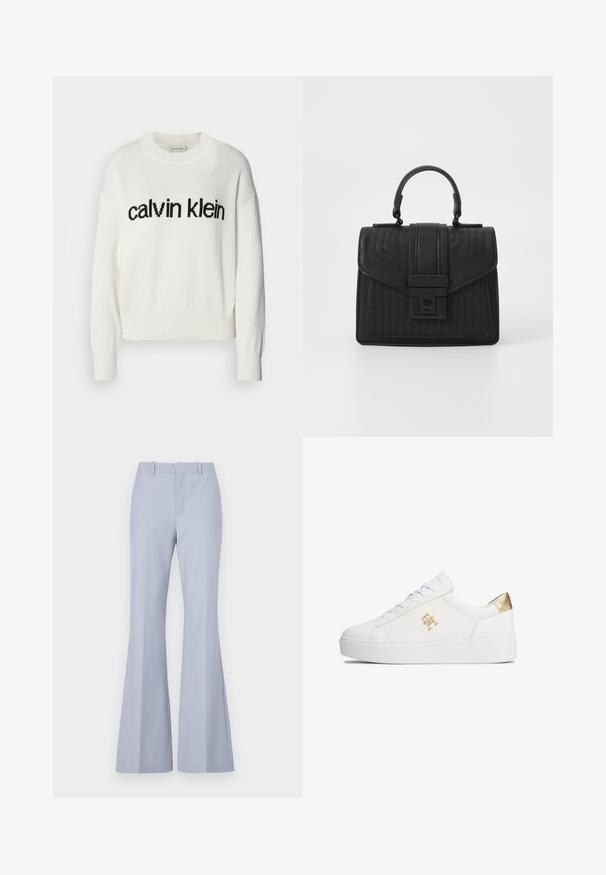 Hvid strikket sweater med rund halsudskæring og lange ærmer, med et sort "calvin klein" logo over brystet. Blød tekstur, cropped snit.; Lyseblå flared bukser med en glat tekstur, der har en flad front, to sidelommer og et rent liv.; Hvide læder sneakers med en struktureret gulddetalje på hælen, flad hvid sål og snørebånd foran med metal-logo detalje.; Sort læderhandtaske med kviltet tekstur, rektangulær form, topbærerhåndtag og en frontklap med en sølvfarvet spænde.