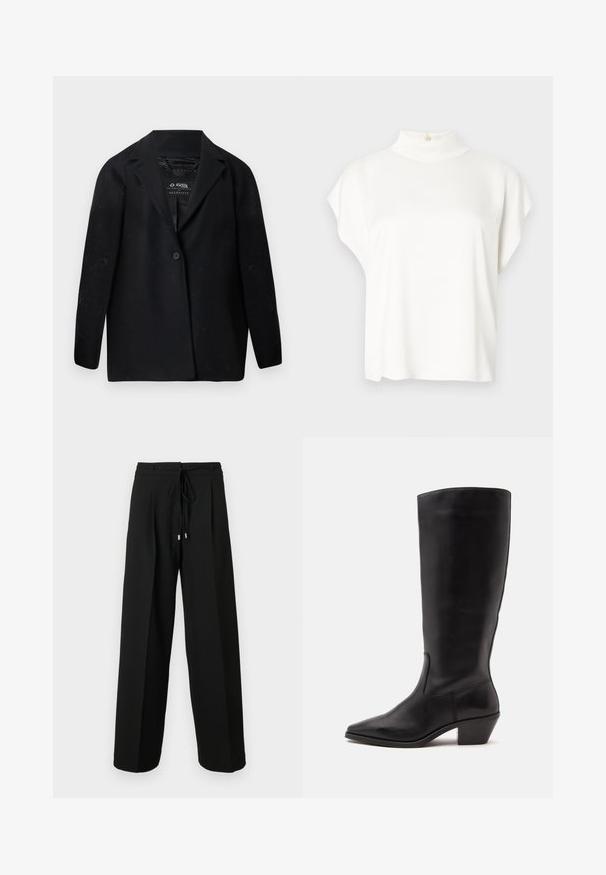 Blazer noir en tissu recyclé, avec un col cranté, une fermeture à un bouton et des manches longues. Surface texturée avec des particules de peluches visibles.; Haut blanc à manches courtes avec un col montant, fabriqué en tissu doux. Doté d'un détail de bouton à l'arrière du col. Silhouette simple et décontractée.; Pantalon noir à jambes larges avec taille à cordon, présentant des plis et une texture douce. Le design met l'accent sur le confort et une coupe ample.; Botte en cuir noire mi-mollet avec un bout pointu et un talon bas incliné sur un fond clair uni.