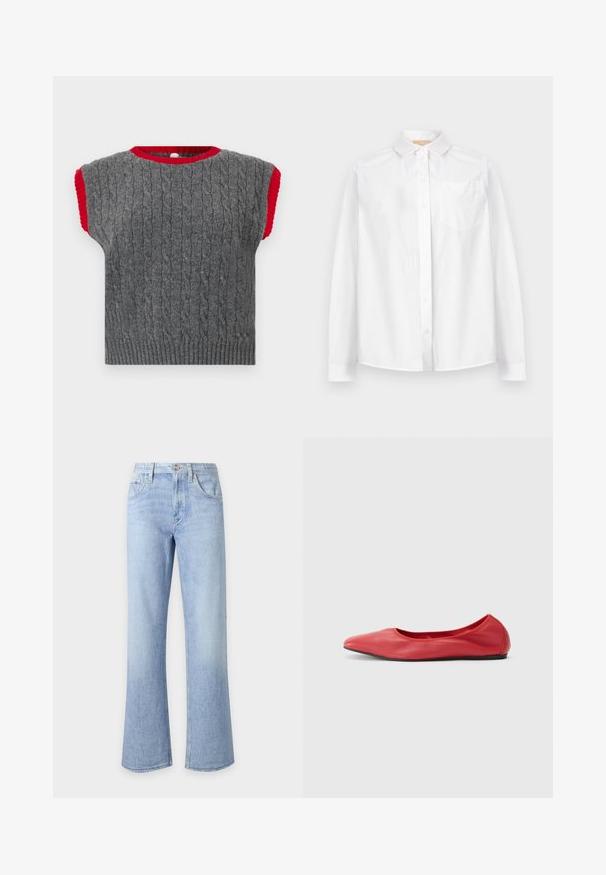 Grijze gebreide sweater met een kabelpatroon, korte mouwen en een contrasterende rode ribbelkraag en mouwranden.; Wit overhemd met lange mouwen, knoopsluiting, kraag en borstzak, getoond tegen een effen lichte achtergrond.; Lichtblauwe high-waisted spijkerbroek met knoop- en ritssluiting, zakken aan de voorkant en licht uitlopende wijde pijpen.; Filippa K REY FLATS - Ballerina's - bright red