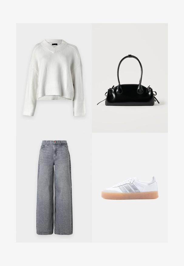 Hvid cropped sweater med V-hals, ribbet kant og lange ærmer. Fremstillet af et blødt, tekstureret strikket materiale. Enkel og alsidig design.; Bredde ben denim jeans i en falmet grå vask, med fem lommer, en knaplukning og en blød tekstur med subtile fældningsdetaljer.; Hvid lavtop-sneaker med gum-gummisål, sølvstribede sideaccents og snørelukning, vist mod en ensfarvet lys baggrund.; Lille sort blank håndtaske med to lange håndtag og snøre-detaljer i siden på en ensfarvet lys baggrund.