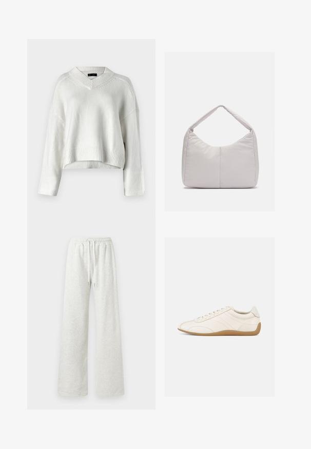 Pull blanc court avec un col en V, ourlet côtelé et manches longues. Fabriqué en matière tricotée douce et texturée. Design simple et polyvalent.; Pantalons de survêtement larges gris clair avec une taille élastique et des cordons blancs, présentés sur un fond blanc uni.; Baskets en cuir blanc à texture lisse, bout arrondi et coutures ton sur ton. Elles comportent une semelle en caoutchouc beige et une fermeture à lacets.; Sac d'épaule rembourré gris clair avec une forme courbée, doté d'une seule poignée et d'une surface lisse et texturée. Design simple sans matériel supplémentaire.