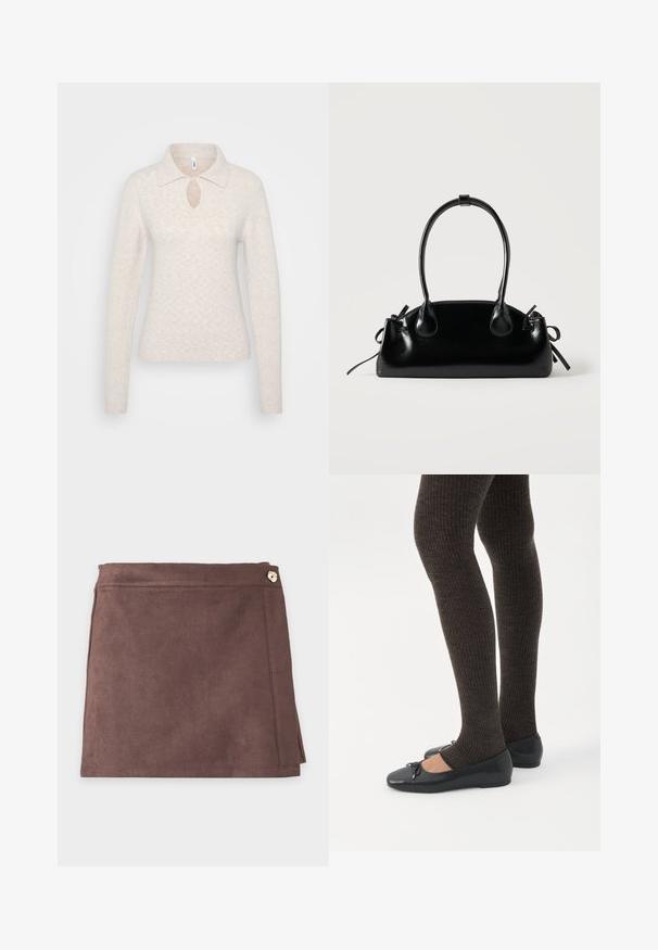 Pull en tricot beige clair avec un col, un détail en trou de serrure au niveau de la poitrine, et des manches longues avec des poignets côtes.; Mini-jupe en daim marron avec un bouton latéral et des détails de couture subtils sur un fond clair uni.; Jambes portant des leggings côtelés foncés associés à des ballerines noires avec de petits détails en nœud sur fond blanc.; Petit sac à main noir brillant avec deux longues anses et des détails à cordon sur les côtés sur un fond clair uni.