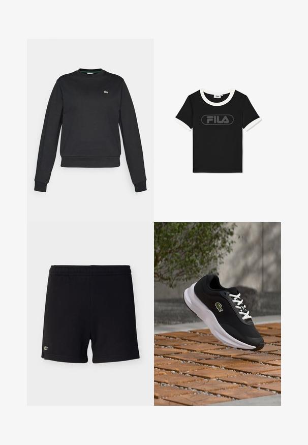 Sort langærmet crewneck sweatshirt med et lille grønt og hvidt krokodillelogo på venstre bryst, ribbede manchetter og talje.; Sort T-shirt med korte ærmer med hvid kant på krave og ærmer, med sort FILA-logo centreret på brystet.; Sorte bomuldsshorts med elastisk talje og lille grønt krokodillelogo på nederste venstre kant.; Sort-hvid sportssko med krokodillelogo, hvide snørebånd, svævende over en træ- og småstensbelagt udendørs overflade med en sløret baggrund.