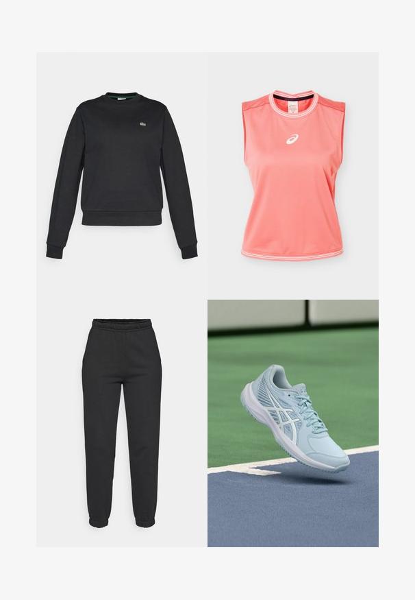 Sudadera negra de manga larga con cuello redondo, con un pequeño logo de cocodrilo verde y blanco en el lado izquierdo del pecho, puños y cintura acanalados.; Camiseta deportiva sin mangas color coral rosa con ribetes blancos en el cuello y el dobladillo, con el logo blanco de Asics centrado en el pecho.; Pantalones de chándal negros ajustados con cintura y puños elásticos, bolsillos frontales, fabricados con tejido suave.; Zapatilla deportiva azul clara con parte superior de malla, detalles texturizados y suela acolchada, suspendida sobre una superficie de cancha azul.