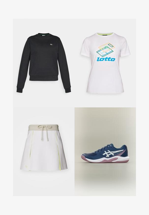 Sort langærmet crewneck sweatshirt med et lille grønt og hvidt krokodillelogo på venstre bryst, ribbede manchetter og talje.; Hvid kortærmet t-shirt lavet af bomuld, med et farverigt geometrisk grafisk design og "lotto" logo i blåt på forsiden.; Hvid skort med en beige elastisk talje og snøre. Har neongule sidelogoer og plisseringer. Lacoste-logoet er placeret nederst til venstre.; Marineblå atletiksko med hvid og pink sål, hvidt logo på siden, snøredesign og meshdetaljer på tåen og siderne.