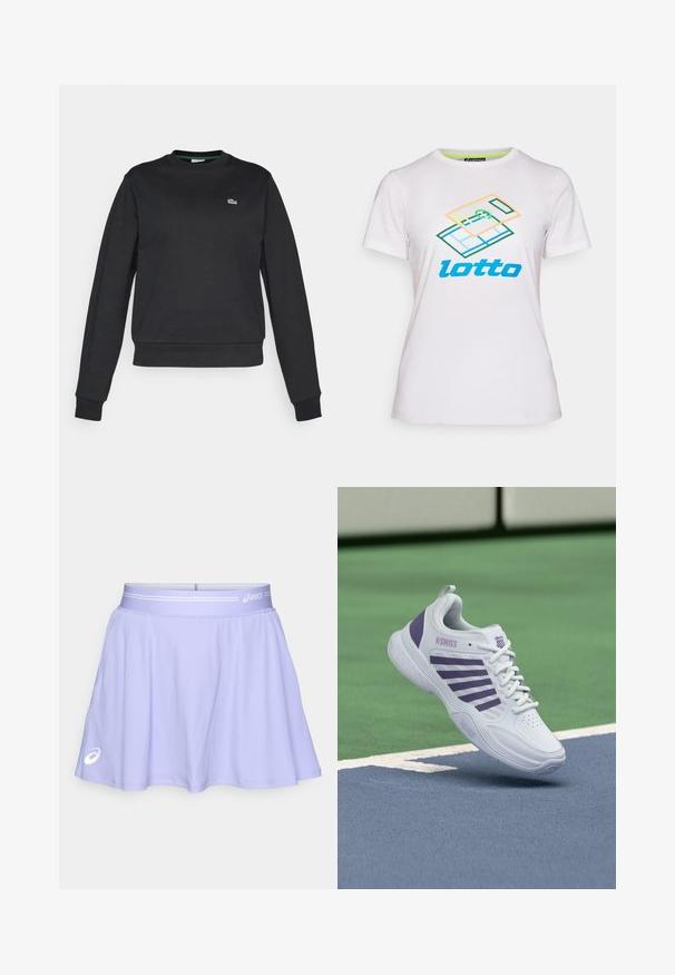 Sudadera negra de manga larga con cuello redondo, con un pequeño logo de cocodrilo verde y blanco en el lado izquierdo del pecho, puños y cintura acanalados.; Camiseta blanca de algodón de manga corta, con un gráfico geométrico colorido y el logo "lotto" en azul en la parte frontal.; Falda atlética de color púrpura claro hecha de un tejido elástico. Cuenta con una cinturilla ancha con un acento blanco y un logotipo en la parte inferior izquierda.; Zapatilla de tenis K-Swiss blanca y morada suspendida sobre una superficie de cancha de tenis azul y verde con líneas de delimitación blancas.