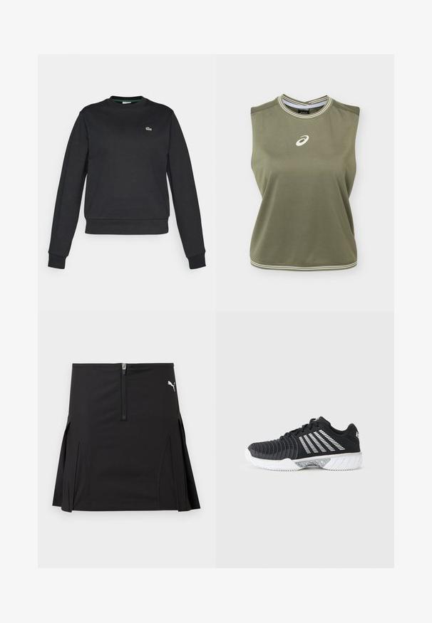 Sort langærmet crewneck sweatshirt med et lille grønt og hvidt krokodillelogo på venstre bryst, ribbede manchetter og talje.; Ærmeløs olivengrøn sports-top med hvidt Asics-logo centreret på brystet, hvidstribet rund halsudskæring og kant.; Sort atletisk nederdel med lynlås foran og plisserede sider, med en hvid Puma-logo på øverste højre side.; Sort atletiksko med hvid sål, diagonale hvide striber på siden, struktureret tåhætte og snørelukning på en grå baggrund.