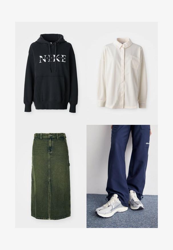 Sudadera negra de Nike con un bolsillo delantero, gran logo en el pecho, capucha con cordón y puños y dobladillo acanalados. Material suave de mezcla de algodón.; Camisa blanca de botones con cuellos, de rayas verticales, de manga larga, con un solo bolsillo en el pecho, hecha de una tela suave con una textura tacto agradable.; Falda de mezclilla verde con un corte a media longitud, abertura frontal, cierre de botón y trabillas para cinturón. Su textura es ligeramente deslavada, con bolsillos laterales.; Zapatillas deportivas Nike con parte superior de malla plateada, acentos blancos y suelas texturizadas, combinadas con pantalones azul marino de corte holgado.