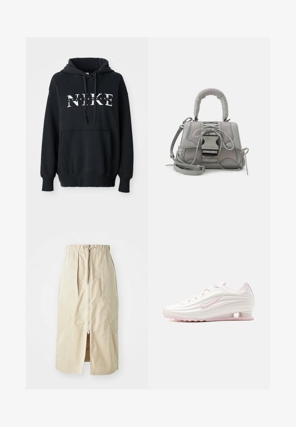 Must musta Nike, millel on eesmine tasku, suur logo rinnal, nööriga kapuuts ja soonikkoesääred ning -äär. Pehme puuvilla segumaterjal.; Bež, keskmise pikkusega seelik, mis on valmistatud kerge kangaga. Omab esist tõmblukku, elastset vööd ja külje taskuid, millel on nurksed kujundid.; Valge ja heledaroosa madala säärega spordijalats tekstureeritud pealispinna, roosa Nike Swoosh logoga ja läbipaistva kannatugedega.; Hallitusseened tekstuuriga hall käekott, millel on pehme käepide, võrka mustrid, reguleeritav rihm ja eesmine klamber. Kompaktne disain ümmarguse kujuga.