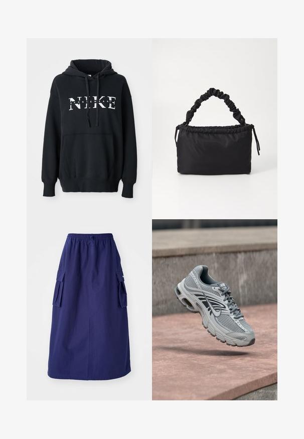 Schwarzer Nike-Hoodie mit einer vorderen Tasche, großem Logo über der Brust, Kordelzugkapuze und gerippten Bündchen und Saum. Weiches Baumwoll-Mischmaterial.; Marineblaue, knielange Rock mit elastischem Bund, der über zwei seitliche Cargotaschen und ein minimales Logodesign verfügt. Glatte Stoffoberfläche.; Hellgrauer und weißer Nike-Laufschuh mit Mesh-Design, schwebt über einer Steinoberfläche im Freien.; Schwarze Tasche aus weichem, glattem Stoff. Verfügt über einen gerafften Griff und einen Kordelzugverschluss, hat eine rechteckige Form und keine sichtbaren Beschläge.
