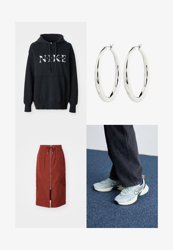 Zwarte Nike hoodie met een voorzak, groot logo over de borst, capuchon met trekkoord en ribgebreide manchetten en zoom. Zacht katoenmixmateriaal.; Mid-length rok in terracotta rood, met een rits aan de voorkant, een elastische tailleband met trekkoord en zijzakken met een geometrisch ontwerp.; Lichtblauwe Nike sneakers van mesh met een textuurafwerking, zwarte swoosh en crèmekleurige tussenzool, gecombineerd met donkergrijze wijde broek.; Zilveren creool oorbellen met een gladde, reflecterende oppervlak. Ronde, grote vorm met een veilige sluiting aan de bovenkant. Gepolijste afwerking toont de glans.