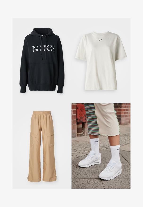 Sudadera negra de Nike con un bolsillo delantero, gran logo en el pecho, capucha con cordón y puños y dobladillo acanalados. Material suave de mezcla de algodón.; Camiseta de algodón blanca con cuello redondo y mangas cortas. Presenta un pequeño logotipo negro de Nike en el pecho. Diseño sencillo y sin adornos.; Nike Sportswear TREND - Pantalones cargo - hemp; Zapatillas Nike Air Max 90 blancas con parte superior de malla y cuero, que cuentan con una unidad de aire visible, combinadas con calcetines blancos con relieve y logotipo negro.
