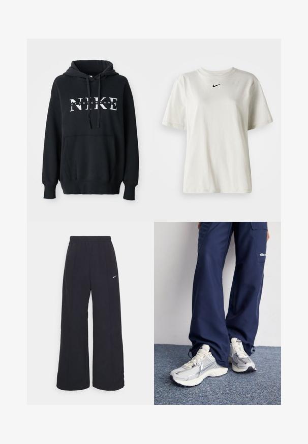 Sudadera negra de Nike con un bolsillo delantero, gran logo en el pecho, capucha con cordón y puños y dobladillo acanalados. Material suave de mezcla de algodón.; Camiseta de algodón blanca con cuello redondo y mangas cortas. Presenta un pequeño logotipo negro de Nike en el pecho. Diseño sencillo y sin adornos.; Pantalones de pierna ancha negros con una cintura elástica y un pequeño logo blanco de Nike. La tela tiene una textura suave, diseñada para la comodidad y el uso casual.; Zapatillas deportivas Nike con parte superior de malla plateada, acentos blancos y suelas texturizadas, combinadas con pantalones azul marino de corte holgado.