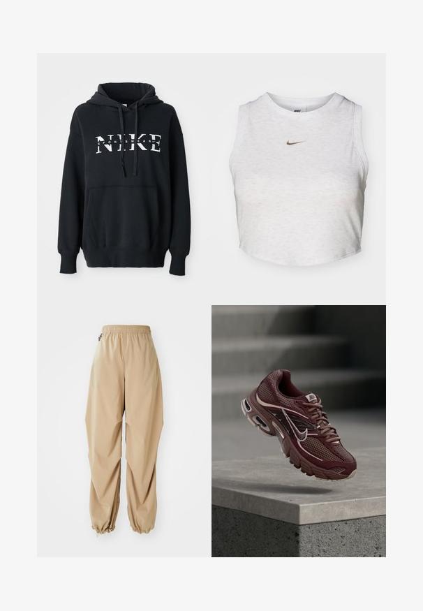 Schwarzer Nike-Hoodie mit einer vorderen Tasche, großem Logo über der Brust, Kordelzugkapuze und gerippten Bündchen und Saum. Weiches Baumwoll-Mischmaterial.; Weißes Crop-Top aus weichem, strukturiertem Stoff. Verfügt über einen runden Ausschnitt und einen ärmellosen Schnitt mit einem kleinen goldenen Nike-Logo auf der Vorderseite.; Beige leichte Hose mit elastischem Bund, schmal zulaufenden Säumen und glatter Textur, die eine lockere Passform hat und keine sichtbaren Muster oder Verzierungen aufweist.; Dunkelroter Nike-Laufschuh mit Mesh-Stoff, gepolstertem Kragen, dicker Sohle und weißen Akzenten. Das Design zeichnet sich durch eine abgerundete Zehenpartie und markante Schnürsenkel aus.