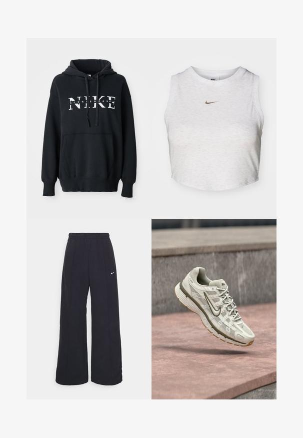 Sudadera negra de Nike con un bolsillo delantero, gran logo en el pecho, capucha con cordón y puños y dobladillo acanalados. Material suave de mezcla de algodón.; Top corto blanco hecho de una tela suave y texturizada. Presenta un cuello redondo y un diseño sin mangas, con un pequeño logotipo dorado de Nike en la parte delantera.; Pantalones de pierna ancha negros con una cintura elástica y un pequeño logo blanco de Nike. La tela tiene una textura suave, diseñada para la comodidad y el uso casual.; Zapatilla de running Nike en beige claro con parte superior de malla, detalles grises y suela de goma texturizada. Cuenta con un cuello acolchado y diseño con cordones.