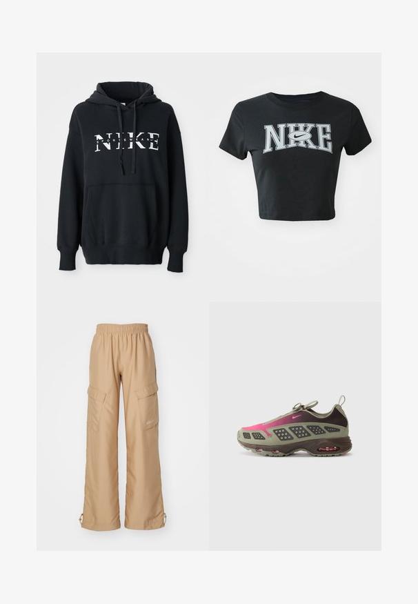 Sort Nike hoodie med en frontlomme, stort logo på brystet, snemmer hætte og ribbede manchetter og kant. Blødt bomuldsblandingsmateriale.; Sort cropped t-shirt lavet af blødt stof med rund halsudskæring. Har stort hvidt Nike-logo i fed skrift på forsiden.; Nike Sportswear TREND - Cargobukser - hemp; Sportsko med en blanding af olivengrøn og mørkebrune materialer med lyserøde accenter. Tekstureret overdel og synlig luftdæmpning i sålen.