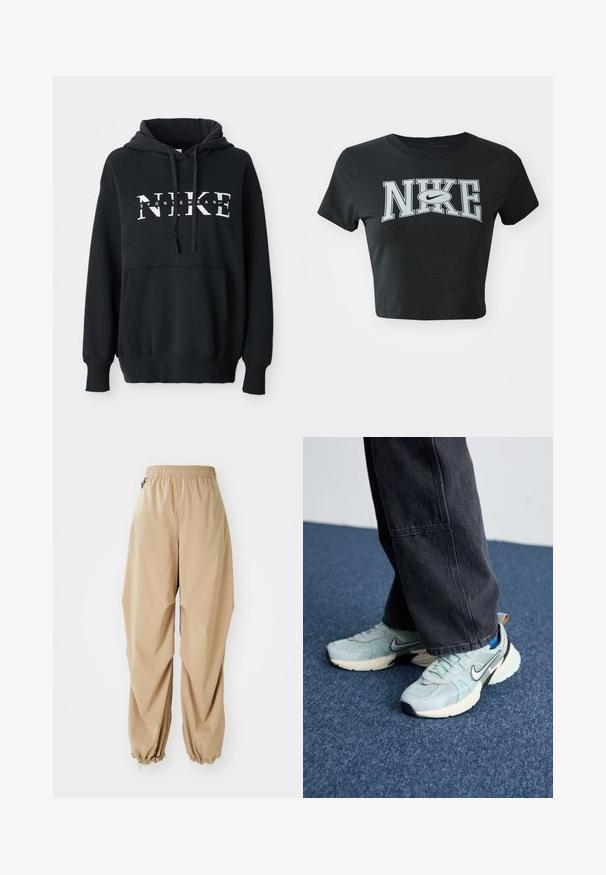 Čierna mikina Nike s prednou vreckom, veľkým logom na hrudi, kapucňou so sťahovacou šnúrkou a rebrovanými manžetami a lemom. Mäkkký materiál z bavlnenej zmesi.; Čierne skrátené tričko z mäkkej tkaniny s okrúhlym výstrihom. Na prednej strane sa nachádza veľké biele logo Nike v tučnom písmene.; Bežové ľahké nohavice s elastickým pásom, zúženými manžetami a hladkou textúrou, s voľným strihom a bez viditeľných vzorov alebo ozdôb.; Svetlo modré sieťované Nike tenisky s textúrovaným povrchom, čiernym swooshom a krémovou medzipodrážkou, skombinované s tmavošedými širokými nohavicami.
