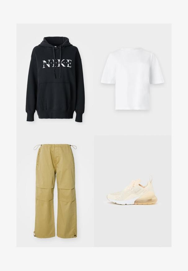 Musta Nike huppari, jossa on etutasku, suuri logo rinnassa, naruhuppu ja ribattu hihansuut sekä helma. Pehmeää puuvillasekoitemateriaalia.; Yksinkertainen valkoinen lyhythihainen T-paita pyöreällä pääntiellä, esiteltynä tasaisesti vaaleanharmaata taustaa vasten.; Kahkiväriset cargo-housut, joissa on leveät lahkeet, joustava vyötärö, etutaskut ja säädettävät nyörit lahkeissa. Valmistettu kevyestä kankaasta.; Vaaleanbeige Nike Air Max -lenkkari, jossa valkoinen pohja, verkkomateriaalia oleva päällinen, nauhat ja näkyvä ilmatyyny kantapäässä.