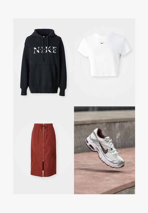Čierna mikina Nike s prednou vreckom, veľkým logom na hrudi, kapucňou so sťahovacou šnúrkou a rebrovanými manžetami a lemom. Mäkkký materiál z bavlnenej zmesi.; Biely skrátený tričko vyrobené z bavlny, s krátkymi rukávmi a okrúhlym výstrihom, s čiernym logom Nike na hrudi.; Sukňa strednej dĺžky v terakotovo červenej farbe, s predným zipsom, elastickým pásom so šnúrkou a bočnými vreckami s geometrickým dizajnom.; Bielo-strieborná bežecká topánka Nike s čiernym logom Swoosh visiaca nad betónovou plochou vonku.