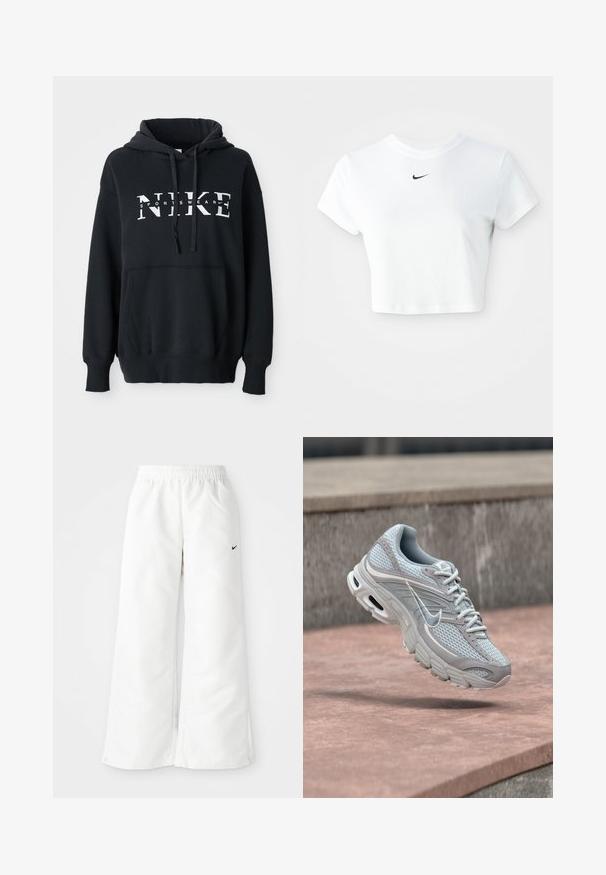 Čierna mikina Nike s prednou vreckom, veľkým logom na hrudi, kapucňou so sťahovacou šnúrkou a rebrovanými manžetami a lemom. Mäkkký materiál z bavlnenej zmesi.; Biely skrátený tričko vyrobené z bavlny, s krátkymi rukávmi a okrúhlym výstrihom, s čiernym logom Nike na hrudi.; Biele športové nohavice so širokým strihom, elastickým pásom a malým čiernym logom Nike na ľavej strane. Hladký, ľahký materiál.; Svetlosivá a biela bežecká obuv Nike s sieťovinou a odpruženou podrážkou, zobrazená vo vzduchu na pozadí betónových schodov.