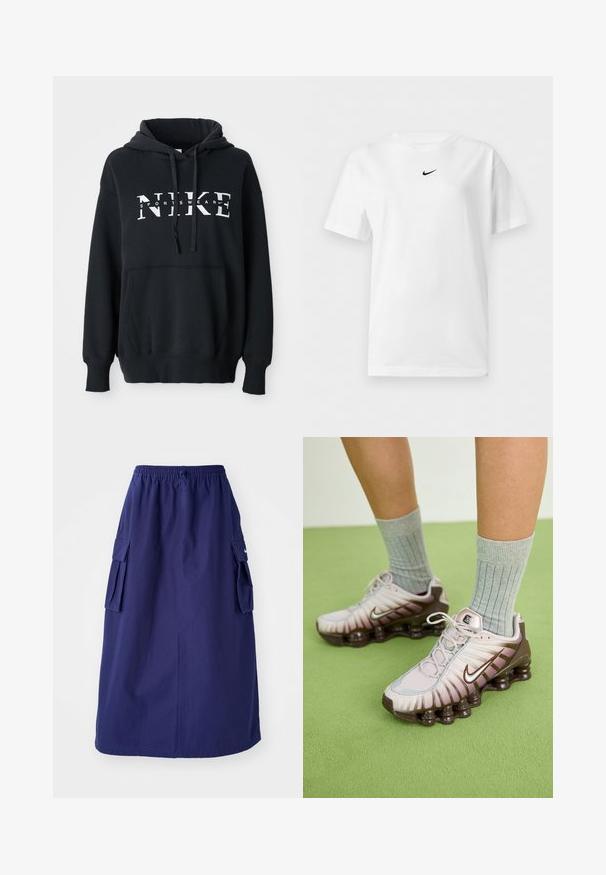 Schwarzer Nike-Hoodie mit einer vorderen Tasche, großem Logo über der Brust, Kordelzugkapuze und gerippten Bündchen und Saum. Weiches Baumwoll-Mischmaterial.; Weißes T-Shirt mit kurzen Ärmeln und Rundhalsausschnitt, mit einem kleinen schwarzen Nike Swoosh-Logo zentriert nahe dem Kragen.; Marineblaue, knielange Rock mit elastischem Bund, der über zwei seitliche Cargotaschen und ein minimales Logodesign verfügt. Glatte Stoffoberfläche.; Nike Sneaker in Hellrosa und Braun mit einer strukturierten Oberseite, geschichtetem Design und dämpfender Außensohle mit sichtbaren Air-Elementen.