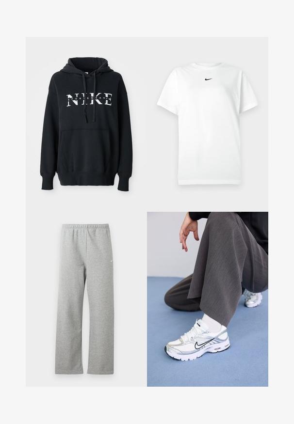 Schwarzer Nike-Hoodie mit einer vorderen Tasche, großem Logo über der Brust, Kordelzugkapuze und gerippten Bündchen und Saum. Weiches Baumwoll-Mischmaterial.; Weißes T-Shirt mit kurzen Ärmeln und Rundhalsausschnitt, mit kleinem schwarzen Nike-Swoosh-Logo, das zentriert unter dem Halsausschnitt platziert ist.; Hellgraue Jogginghose mit elastischem Bund und kleinem weißen Nike-Logo am oberen Oberschenkel, auf weißem Hintergrund flach liegend dargestellt.; Weiße und silberne Sportschuhe aus Mesh- und Synthetikmaterialien, mit schwarzen Akzentlinien, Schnürsenkeln und strukturierten Sohlen.