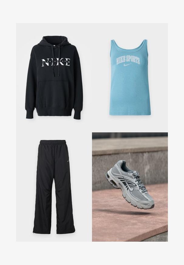 Sort Nike hoodie med en frontlomme, stort logo på brystet, snemmer hætte og ribbede manchetter og kant. Blødt bomuldsblandingsmateriale.; Lysblå atletisk tanktop med bred rund hals, ærmeløst design og "NIKE SPORTS" trykt på brystet i hvid. Blødt bomuldsstof.; Sorte atletikbukser med elastisk taljebånd, sidelommer og løs pasform. Fremstillet af let, glat stof med et subtilt skær.; Lys grå og hvid Nike løbesko med mesh-design, svævende over en stenet overflade udendørs.