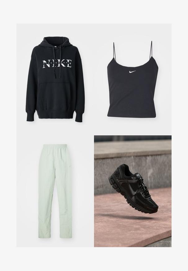 Sudadera negra de Nike con un bolsillo delantero, gran logo en el pecho, capucha con cordón y puños y dobladillo acanalados. Material suave de mezcla de algodón.; Top negro sin mangas con escote redondeado, tirantes finos y un logo de Nike blanco centrado. Hecho de un tejido suave, con un diseño ajustado.; Pantalones ligeros de color verde claro, con una cinturilla elástica. Diseño de pierna recta, con textura mínima y un sutil detalle de logo.; Zapatilla deportiva negra con parte superior de malla, detalles texturizados y suela acolchada. Destacan las marcas de Nike en la lengüeta y elementos de diseño elegantes.