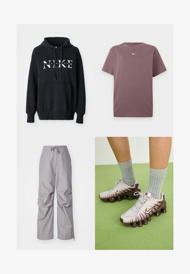 Schwarzer Nike-Hoodie mit einer vorderen Tasche, großem Logo über der Brust, Kordelzugkapuze und gerippten Bündchen und Saum. Weiches Baumwoll-Mischmaterial.; Ein einfarbiges mauve T-Shirt mit kurzen Ärmeln und Rundhalsausschnitt, mit einem kleinen weißen Nike-Swoosh in der Mitte der Brust, auf weißem Hintergrund präsentiert.; Graue, lässig geschnittene Hosen aus leichtem Stoff, mit einem Kordelzugbund und schmalen Bündchen mit Reißverschlüssen. Strukturierte Oberfläche.; Nike Sneaker in Hellrosa und Braun mit einer strukturierten Oberseite, geschichtetem Design und dämpfender Außensohle mit sichtbaren Air-Elementen.