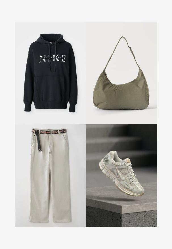 Sudadera negra de Nike con un bolsillo delantero, gran logo en el pecho, capucha con cordón y puños y dobladillo acanalados. Material suave de mezcla de algodón.; Pantalones de pierna ancha en gris claro con un cinturón negro que presenta patrones de llamas naranjas. Confeccionados en algodón, tienen bolsillos laterales y una silueta relajada.; Zapatilla de running color beige claro con parte superior de malla, forro suave, suela de goma y acentos en marrón. Presenta un logo de swoosh prominente en el lateral y paneles texturizados.; Bolso de hombro de tela suave color verde oliva con cierre de cremallera y correa ajustable sobre un fondo liso y claro.