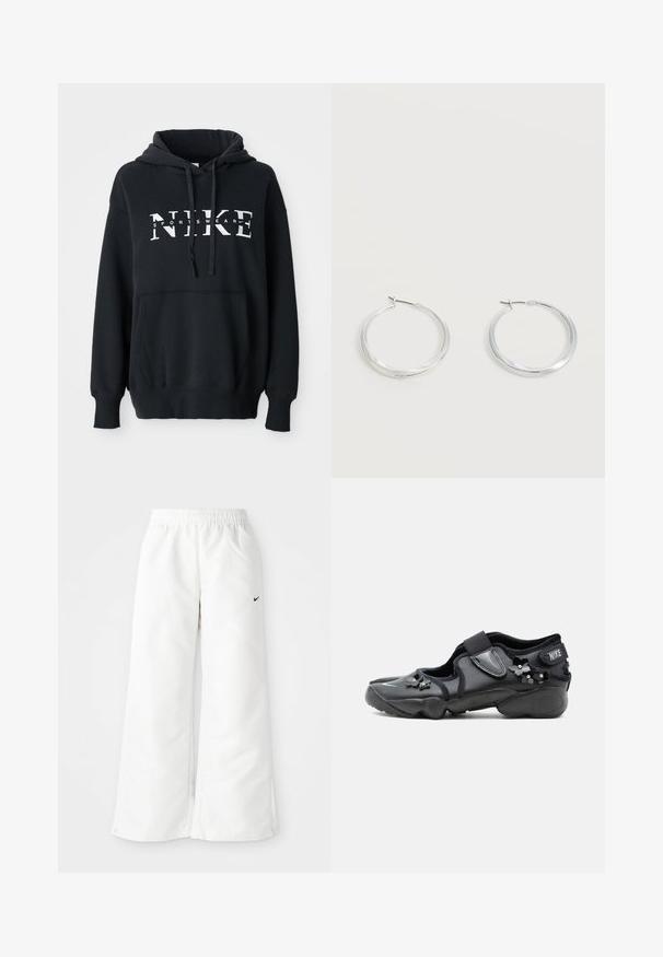 Must musta Nike, millel on eesmine tasku, suur logo rinnal, nööriga kapuuts ja soonikkoesääred ning -äär. Pehme puuvilla segumaterjal.; Valged spordipüksid laia jalaga disainiga, elastse vöökohtaga ja väike must Nike logo vasakul küljel. Sile, kerge materjal.; Must Nike Air jalanõu takjapaelaga, kaunistatud väikeste mustade lilleornamentidega külgedel ja ees.; Hõbedased metallist rõngakujulised kõrvarõngad, millel on sile, kergelt kaarduv pind ja lukustuvad tagused kinnitused, valgel taustal.