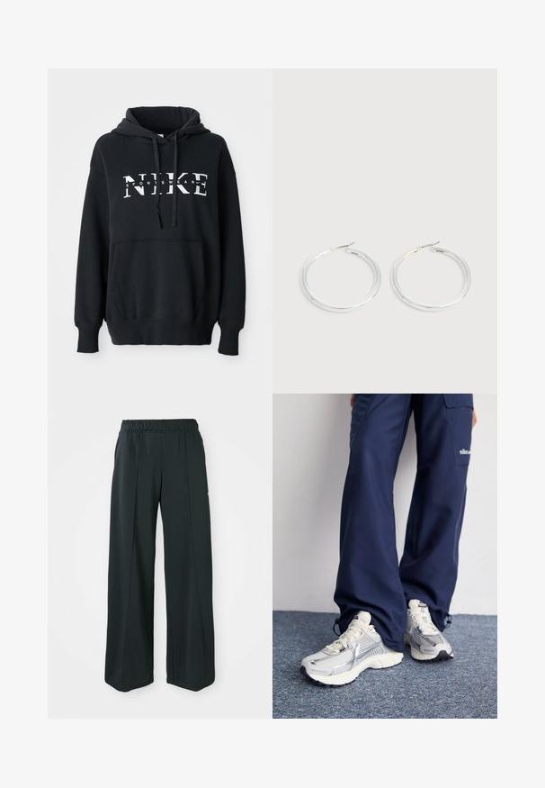 Sudadera negra de Nike con un bolsillo delantero, gran logo en el pecho, capucha con cordón y puños y dobladillo acanalados. Material suave de mezcla de algodón.; Pantalones deportivos negros de pierna ancha con cintura elástica. Hechos de una tela suave y elástica, presentan costuras frontales sutiles y sin bolsillos.; Zapatillas deportivas Nike con parte superior de malla plateada, acentos blancos y suelas texturizadas, combinadas con pantalones azul marino de corte holgado.; Pareja de pendientes de aro plateados brillantes con cierres de alambre delgado, mostrados sobre un fondo gris claro.