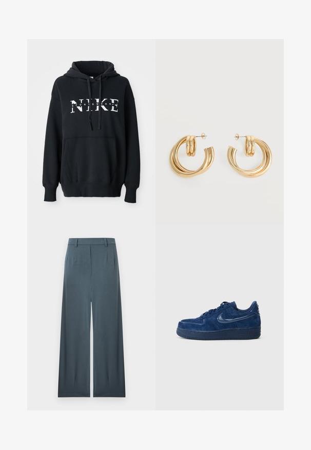 Musta Nike huppari, jossa on etutasku, suuri logo rinnassa, naruhuppu ja ribattu hihansuut sekä helma. Pehmeää puuvillasekoitemateriaalia.; Korkeavyötäröiset hiilenharmaat leveälahkeiset housut, joissa on vyölenkit, edessä laskokset ja keskisommel, aseteltuna tasaiselle valkoiselle taustalle.; Laivastonsinisen samettinahkaiset tennarit, joissa sileä nahkainen swoosh, pyöreä kärki, nauhakiinnitys ja kuvioitu kumipohja. Varustettu "AIR"-brändäyksellä.; Pari kiiltäviä kullanvärisiä kaksinkertaisia rengaskorvakoruja, joissa tappi kiinnitys valkoisella taustalla.